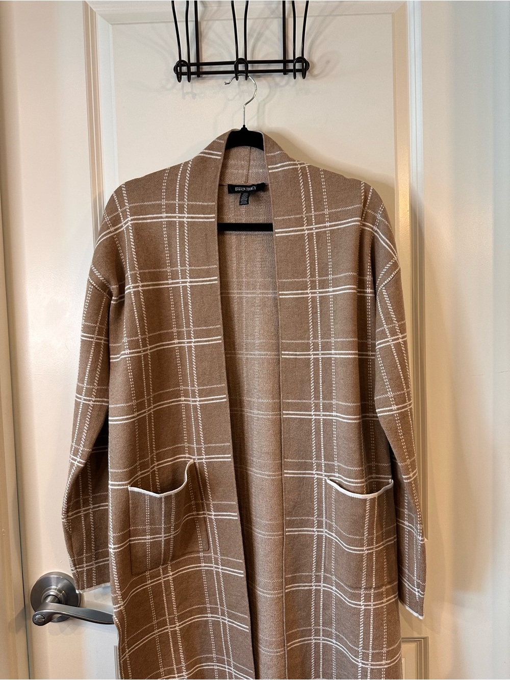 NWT Ellen Tracy Camel Plaid Open Front Cardigan Sweater | Size Medium